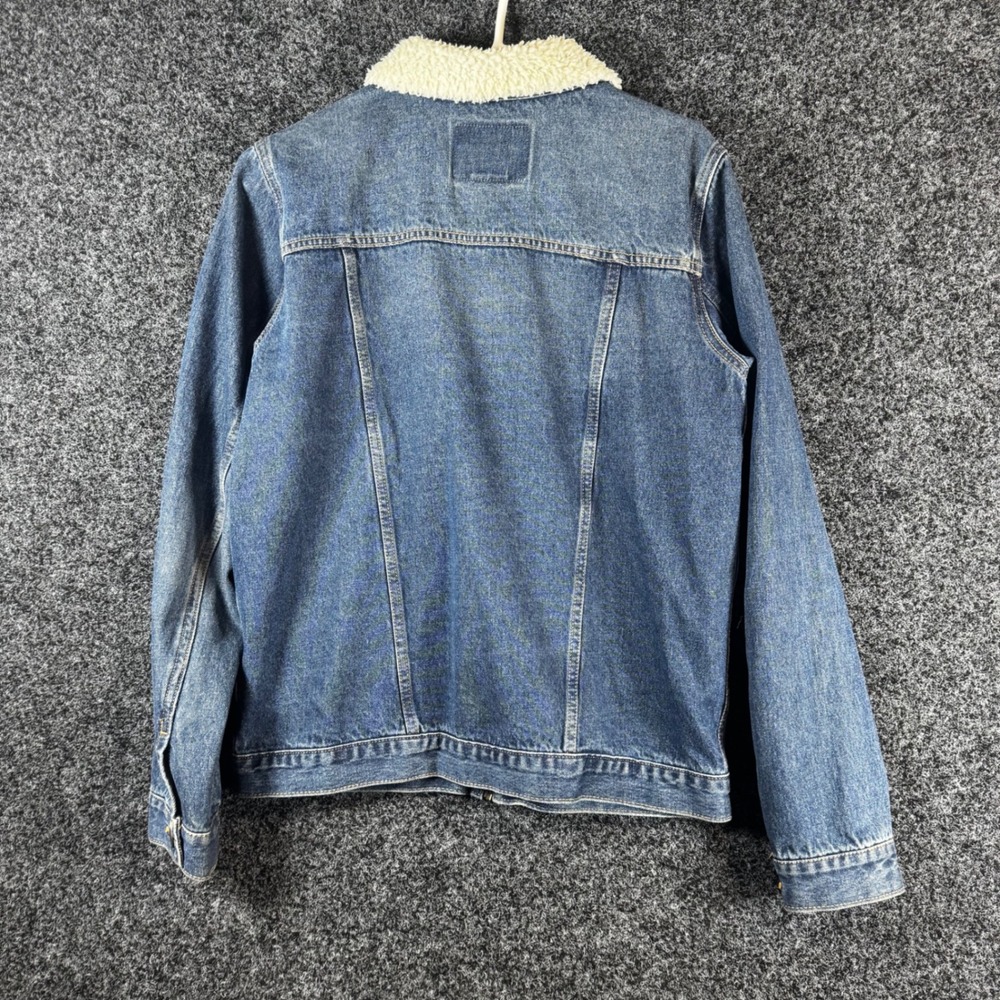 Levis Mens XL Denim Trucker Jacket Sherpa Collar Blue Full Zip Cotton Coat - Picture 2 of 6